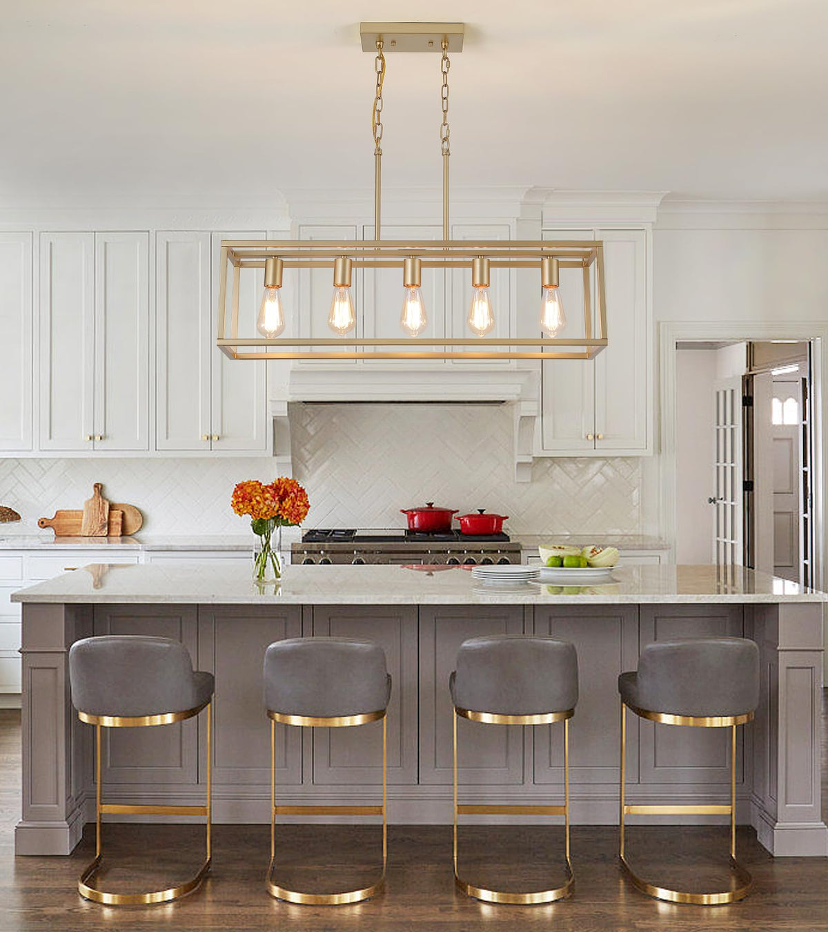 Gold Rectangle Kitchen Island Lights Rectangular Modern Industrial Chandelier 5 Lights Linear Vintage Cage Light
