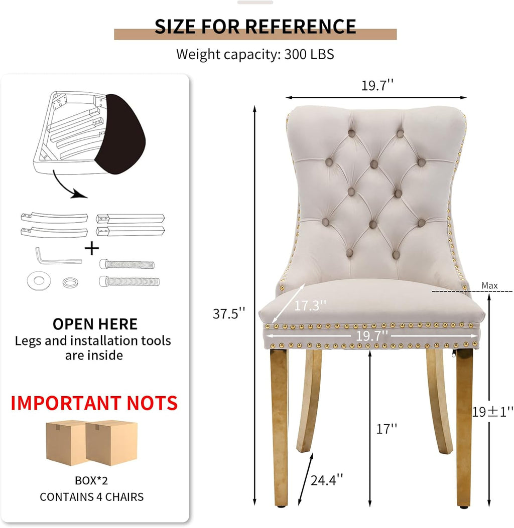 Mid Century Modern Dining Chairs Set of 4, Beige Velvet Upholstered Tufted Back, Kitchen & Dining Room Chairs, Gold