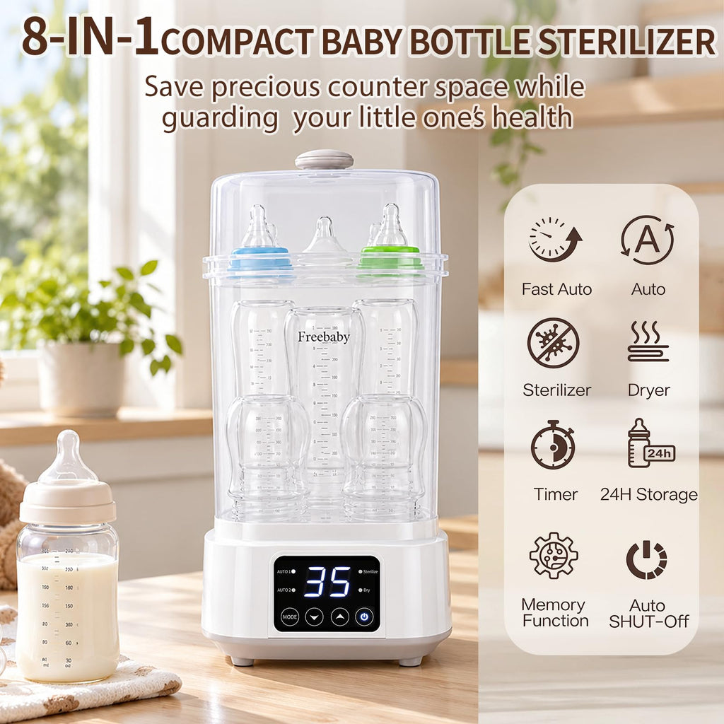 Compact Baby Bottle Sterilizer and Dryer, 8-in-1 Auto Steam System
