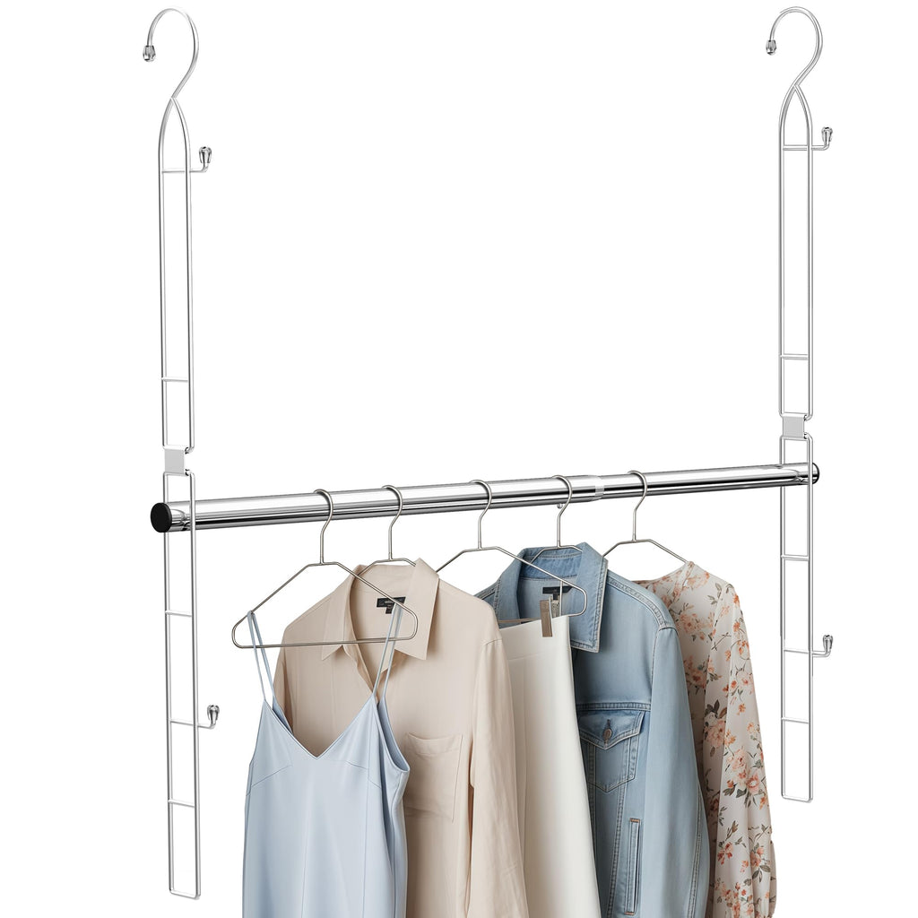 Hanging Closet Rod with Side Hooks, Adjustable Height & Width