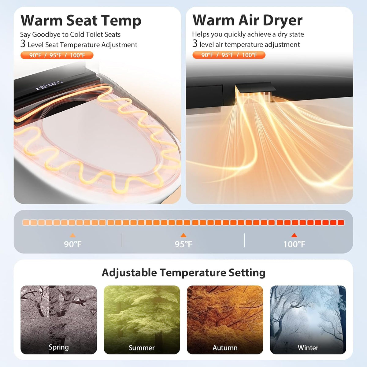 Electric Elongated Smart Heated Toilet Seat with Warm Water, Air Dryer, Feminine and Child Wash, Wireless Remote, Self-Cleaning Stainless Steel Nozzle, Adjustable Water Pressure