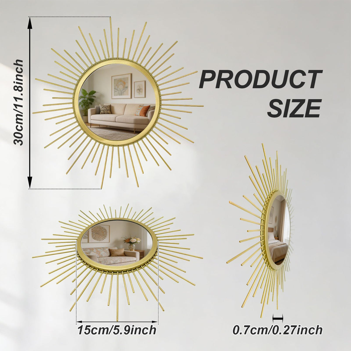 3 Set Sunburst Round Mirrors for Wall Decor Bedroom Bathroom