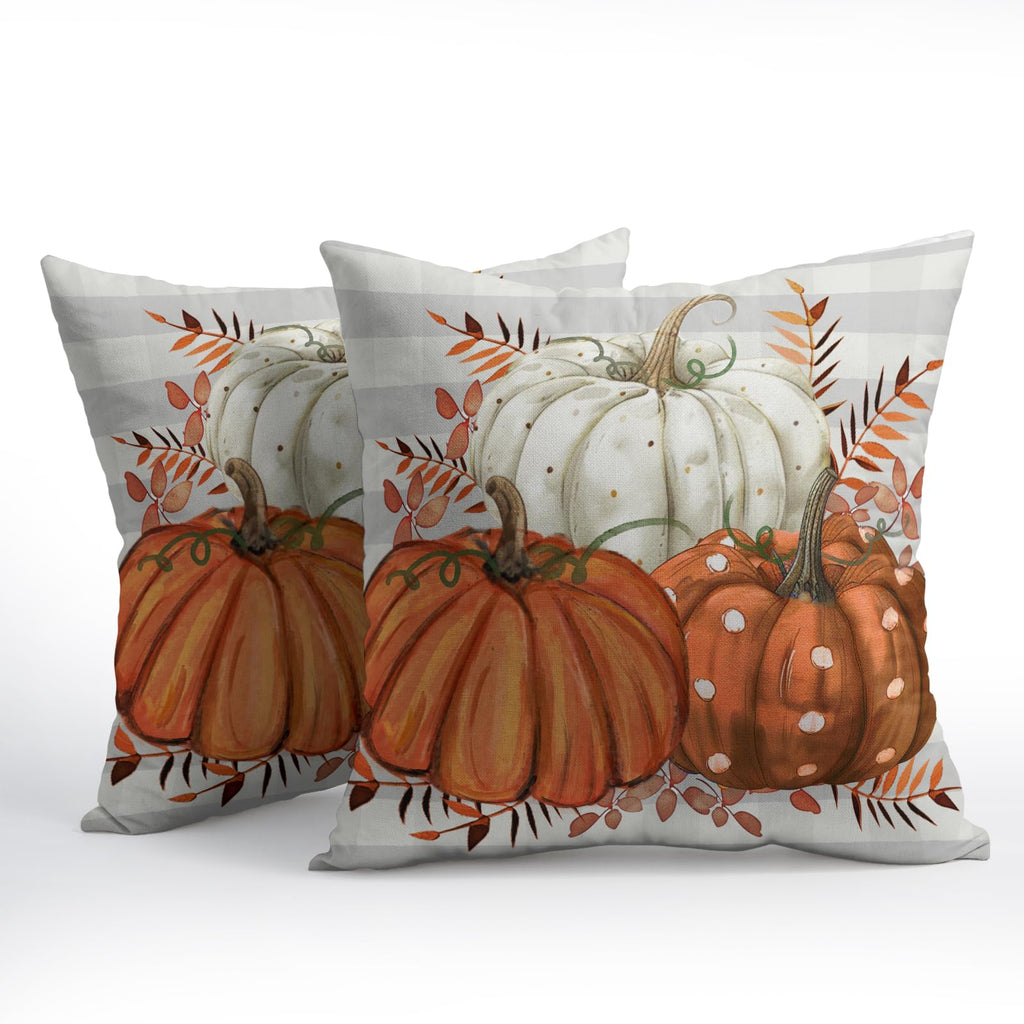 Fall Pumpkins Outdoor Pillows 20x20 Inch Set of 2 Autumn Harvest Pumpkin Pillowcase Buffalo Plaid Maple Leaves