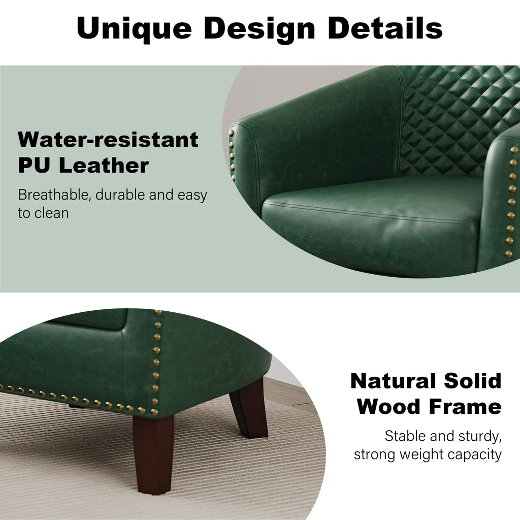 Faux Leather Barrel Accent Chair with Nailhead, Dark Green, Set of 4