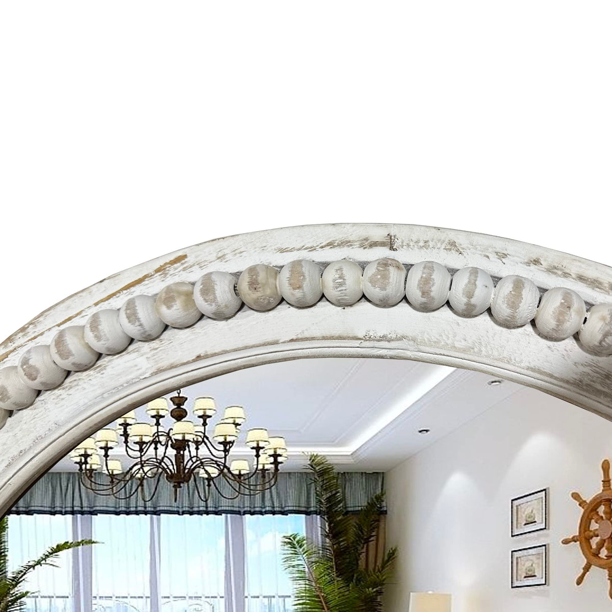 Rustic Round Wall 24 Inch Wood Circle Mirror with Beads, Decorative Farmhouse Mirror (White)