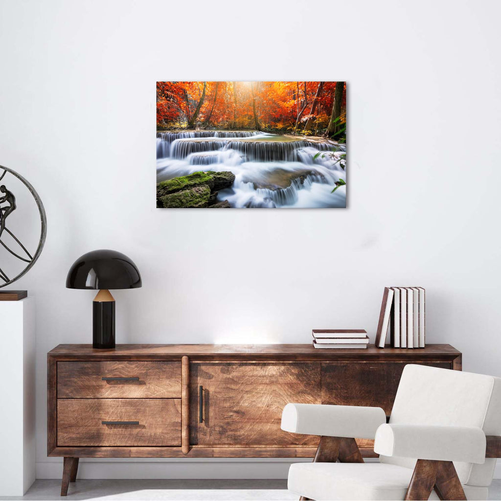 Fall Nature Sunset Wall Art Living Room Waterfall Mountains Picture Bedroom Bathroom Decor Autumn Maple Trees Scenery