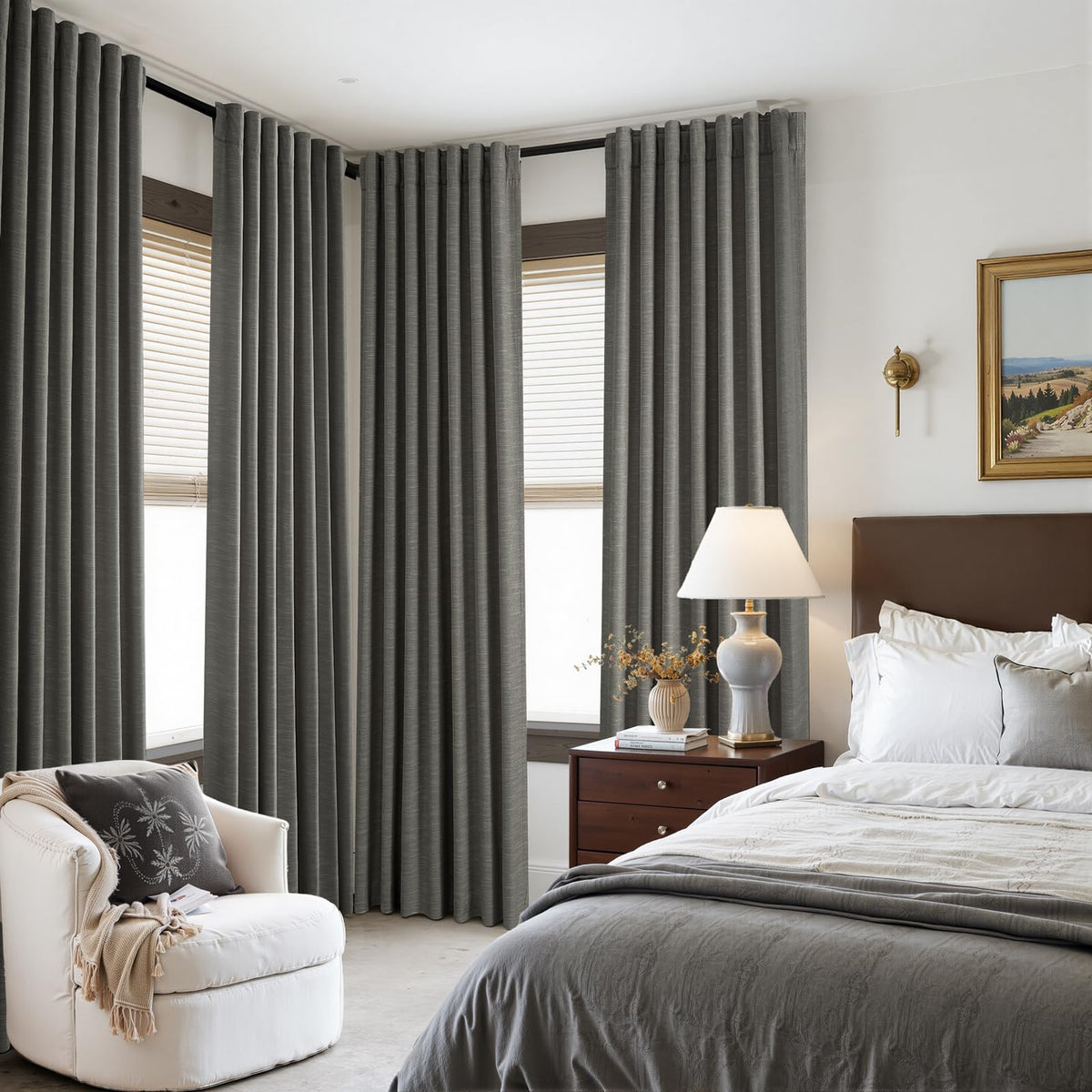 Carbon Grey 84 Inch Total Blackout Bedroom Curtains, Farmhouse Linen Drapes with Rod Pocket & Back Tabs for Sliding