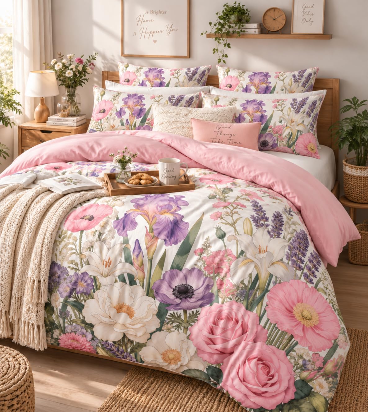 Victorian Pink Floral Comforter Set for Girls Women, Queen