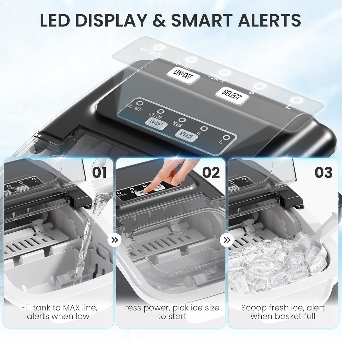 Countertop Ice Maker, 8 Cubes in 6 Mins, 26Lbs/Day Bullet Ice, Portable Ice Maker with 2 Sizes of Cubes