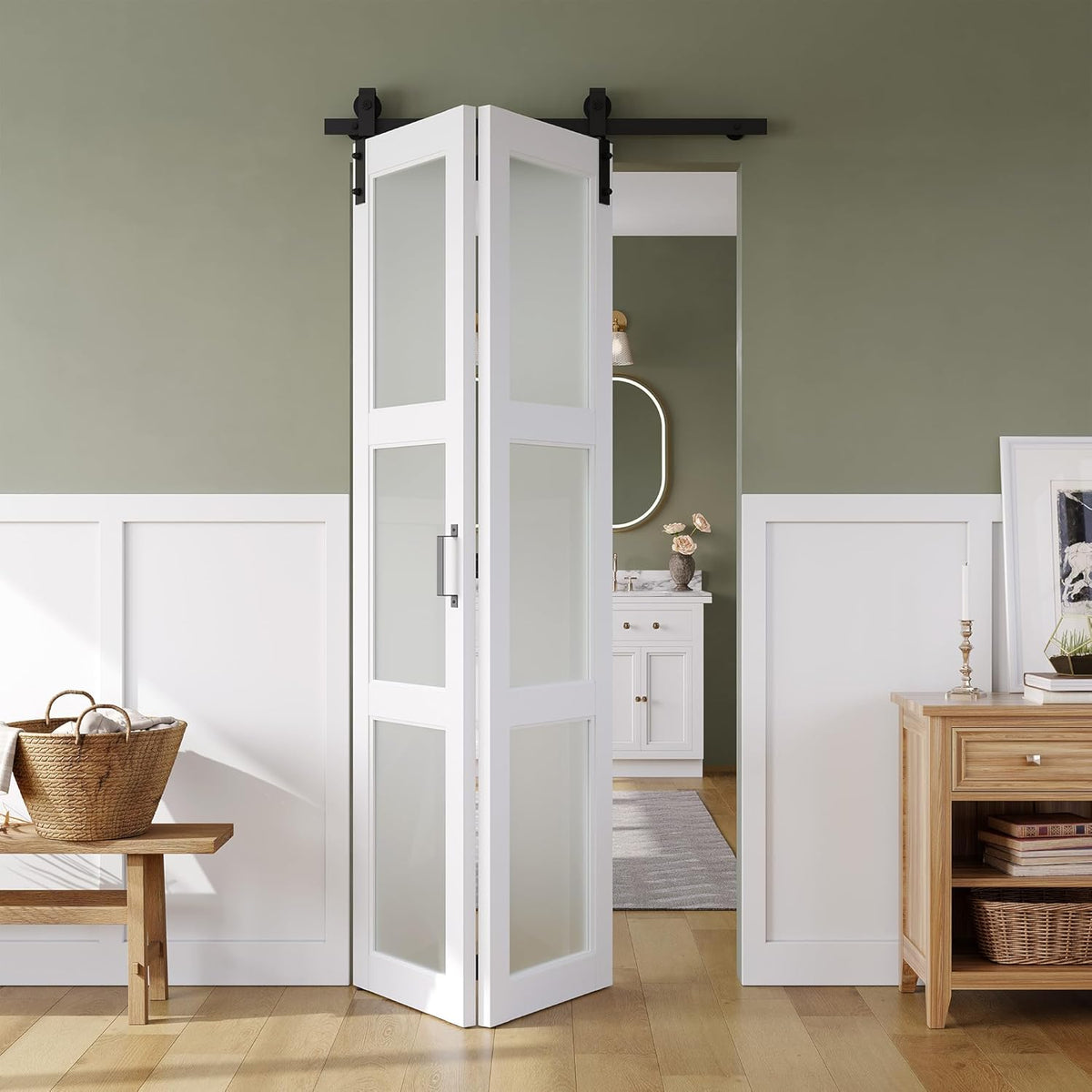 36in x 84in Bifold Barn Door, Frosted Glass Barn Door with Hardware Kit Included, Pre-Drilled Holes Easy Assembly