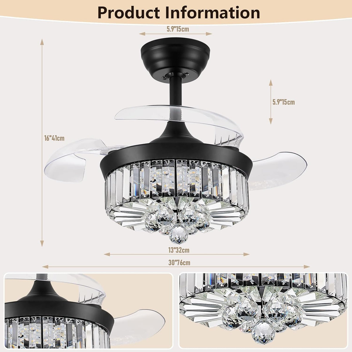 30" Crystal Retractable Ceiling Fan with Light