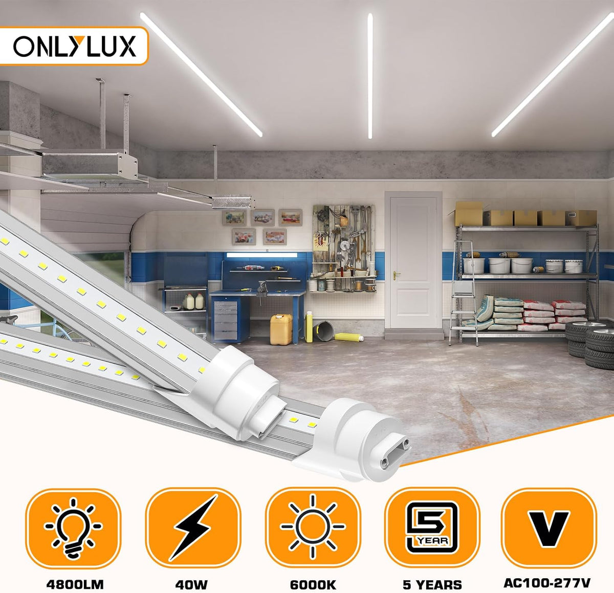 8ft R17D LED Tube Light, 8 Foot Led Bulbs, 40W 6000K 4800LM 10 Pack
