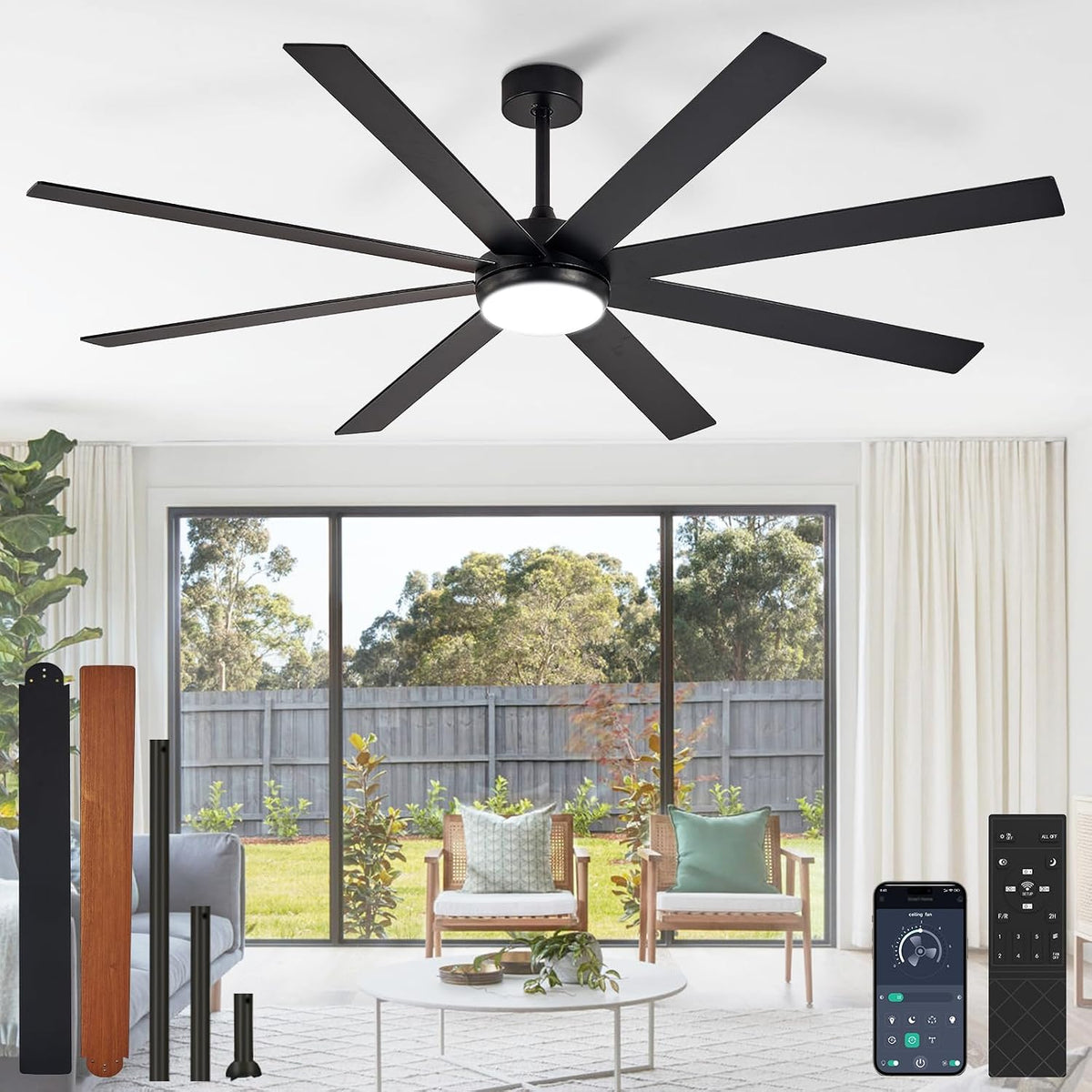 72" Black Indoor/Outdoor Ceiling Fan with Light