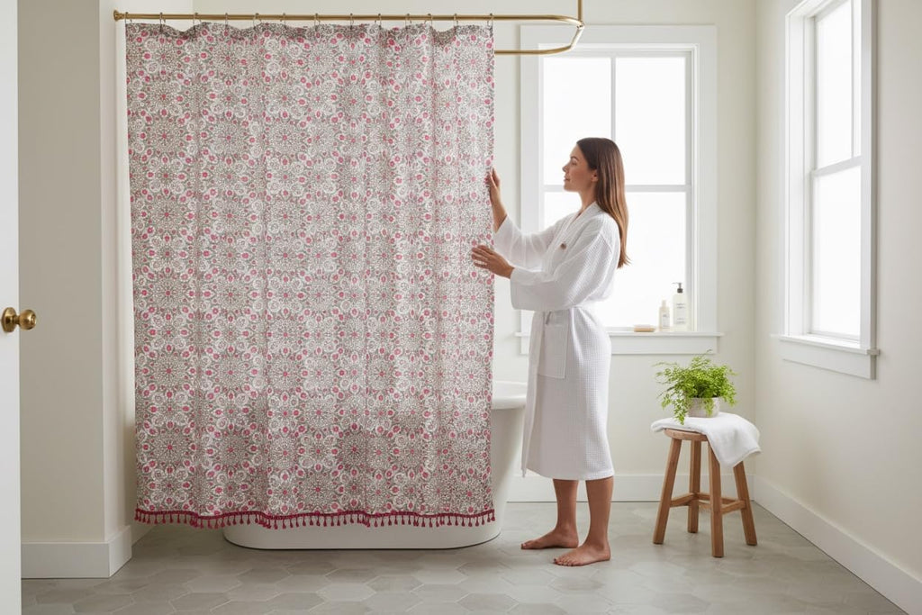 Pink Fabric Shower Curtain : Floral Geometric Medallion Design Taupe Tan with Pink Fringe/Tassels 70" x 72"