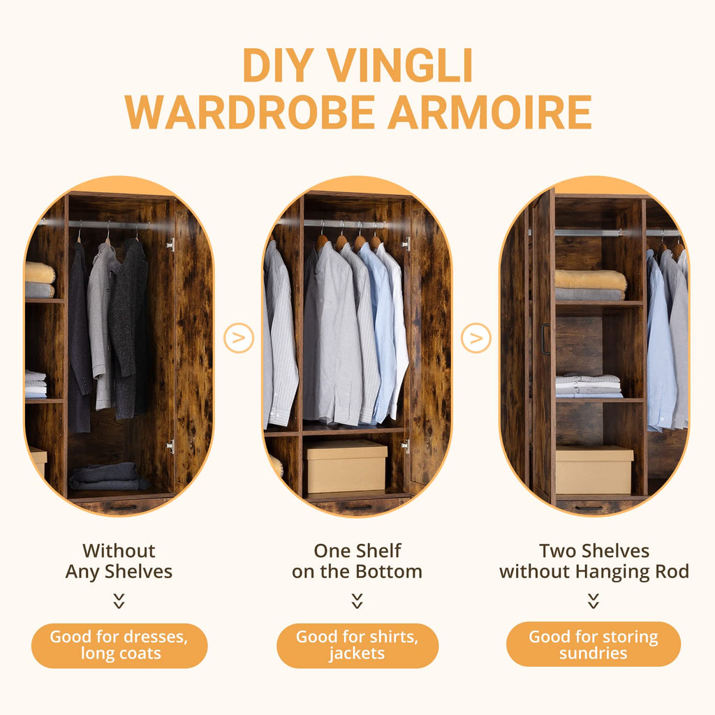 38" W Armoire, Wardrobe Closet with Hanging Rod, Bedroom 71" Freestanding Wardrobe Cabinet with Doors, Adjustable
