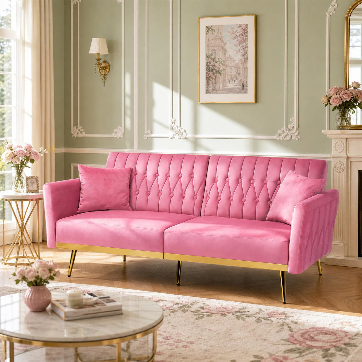 70" Futon Sofa Bed w/Adjustable Armrests, Pink