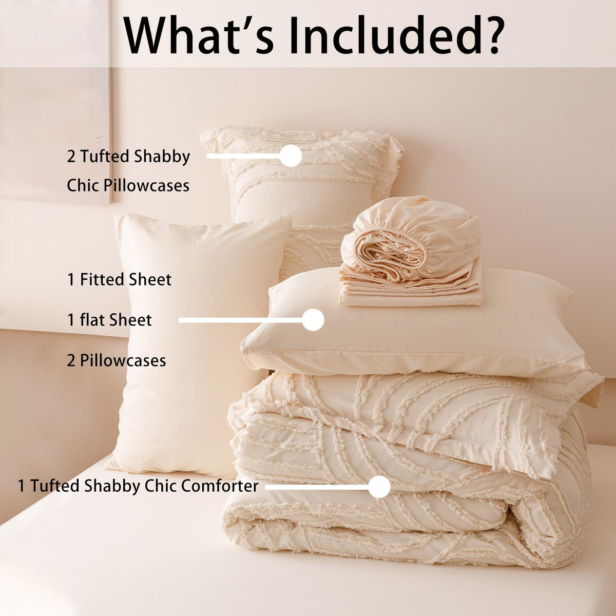 Beige Comforter Set - 7 Pieces Bed in a Bag, Premium Comforters Bed Set Tufted Shabby Chic Bedding