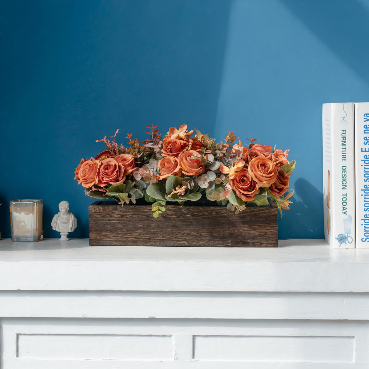 Artificial Flowers in Wood Box, Fall Centerpieces for Table Decor