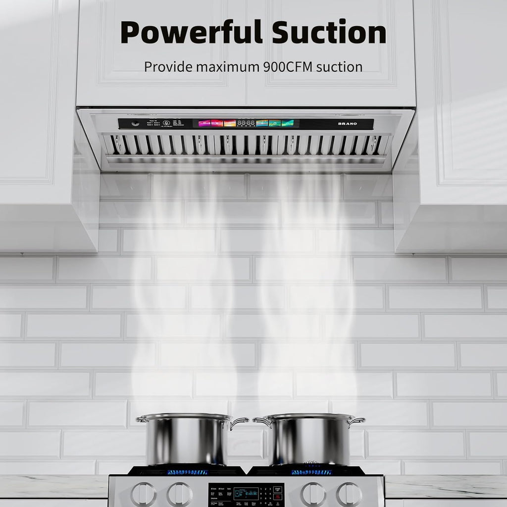 36 Inch Stainless Steel Range Hood Insert 900 CFM 4 Speed Voice, Gesture & Touch Control Convertible Ducted/Ductless Delay Shutdown, Memory Function