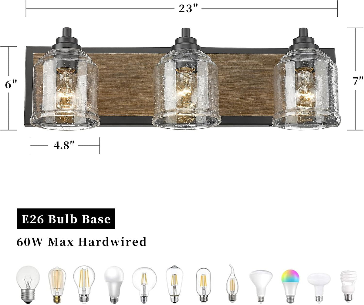 23" 3-Light Farmhouse Bathroom Vanity Light with Bubble Glass, Brown | Farmhouse Rustic style, Metal base with