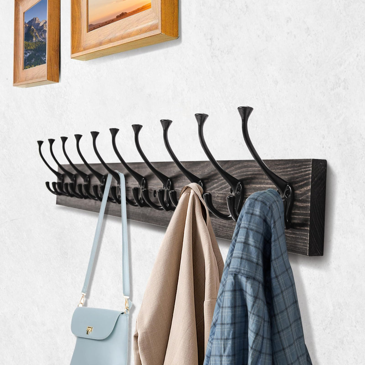 Vintage Wall Mounted Coat Rack, 34" Long with 10 Black Tri-Hooks