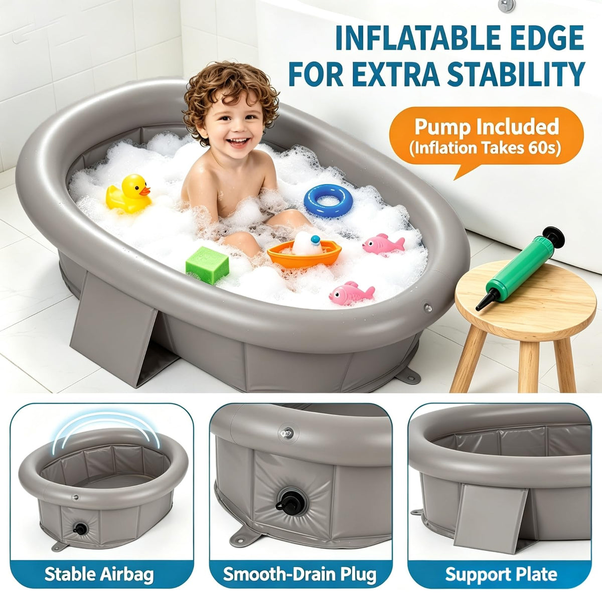 Bathtub for Newborn to Toddlers 1-6 Y, Foldable Infants Babies Bath Tub with Non-Slip Base and Drain Plug, Portable