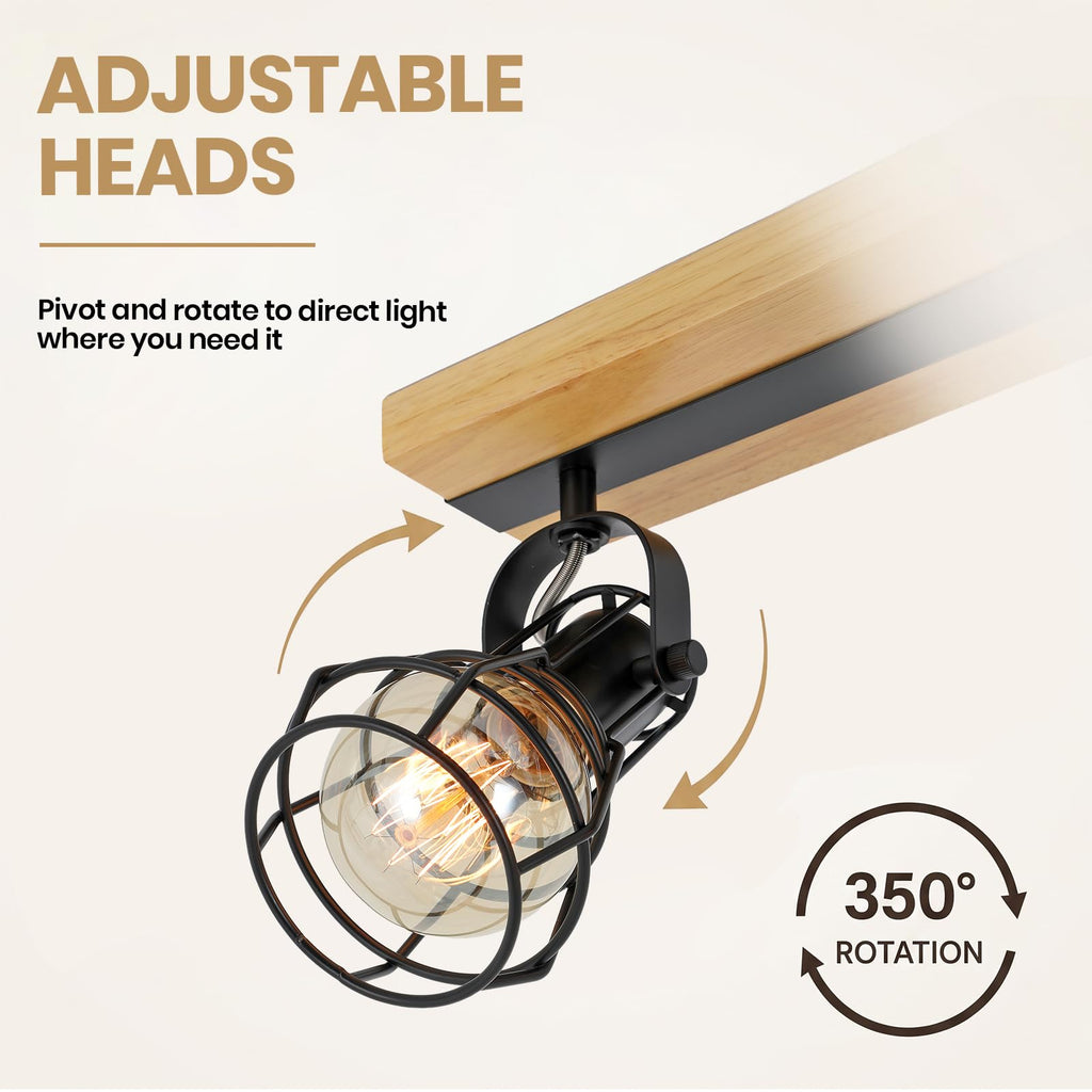 Farmhouse Wood Track Lighting Fixture with Adjustable Heads