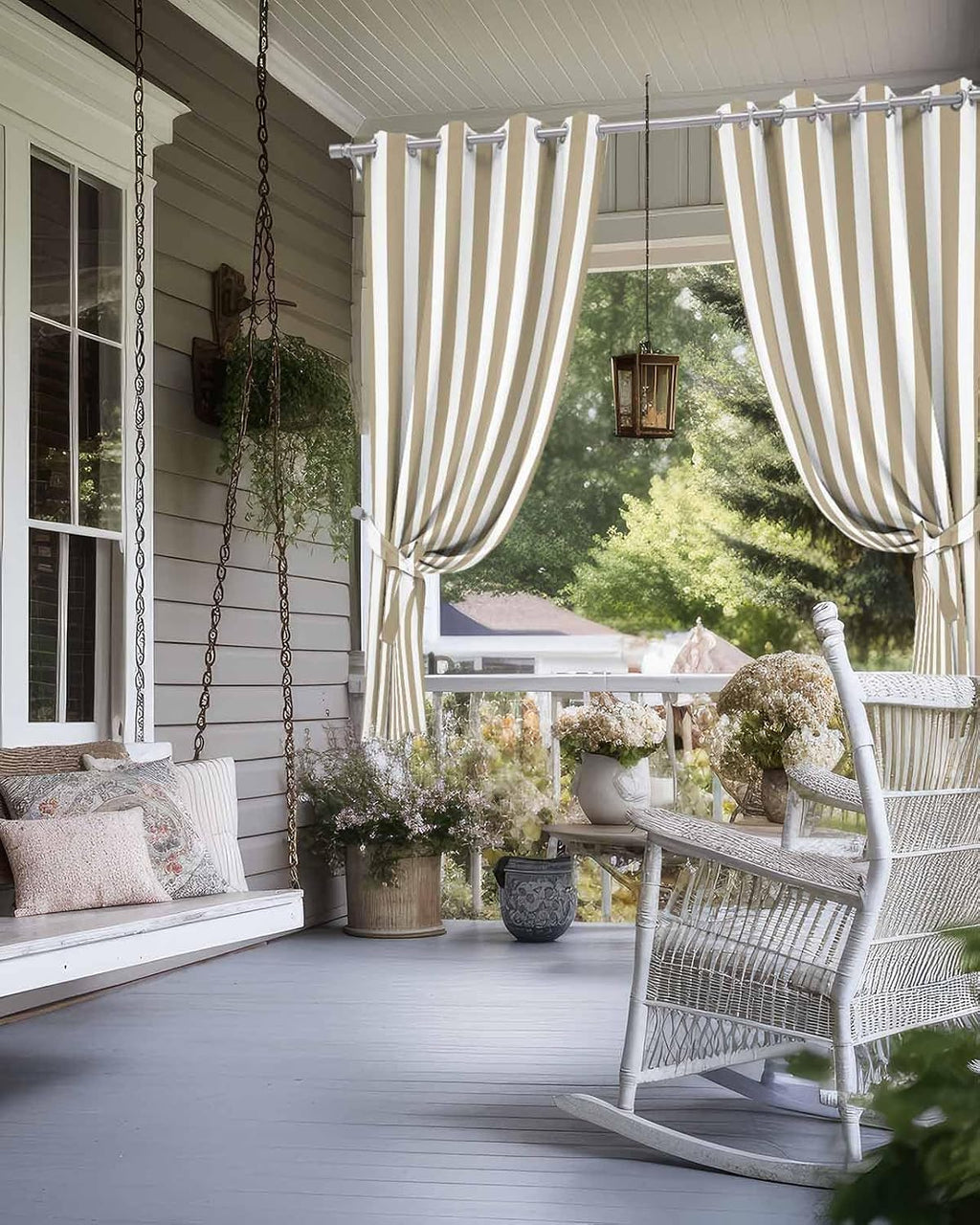Outdoor Curtains (Set of 2 Panels) Waterproof Khaki and White Indoor/Outdoor Curtain Tiebacks Farmhouse Stripe Privacy Curtain Sun