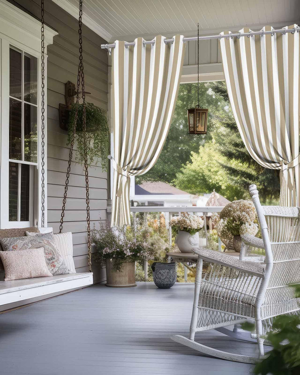 Stripe Outdoor Curtains Waterproof Outside Curtain 2 Panel, Khaki White Window Treatment Drapes Brown Striped Privacy