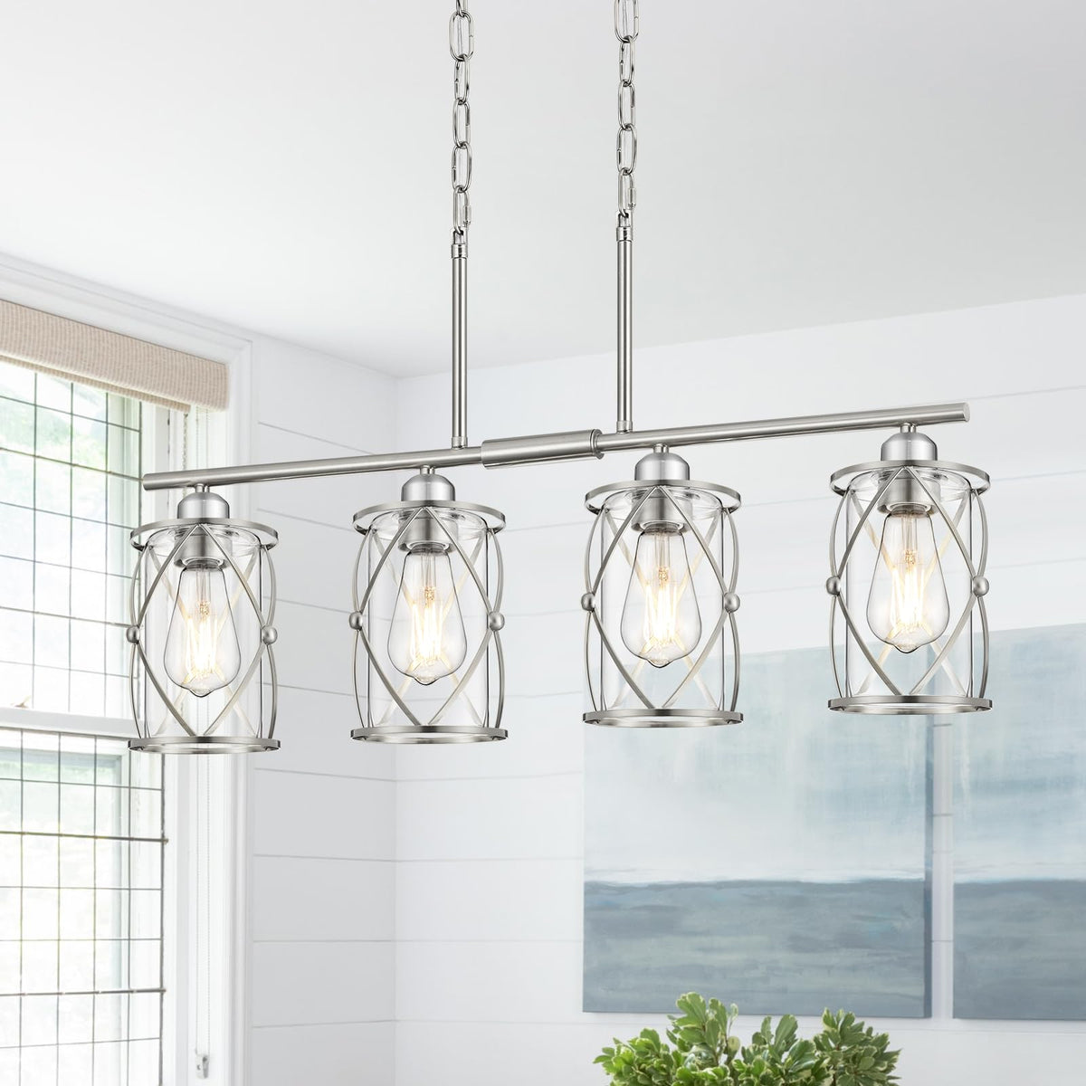 Kitchen Island Lighting, Modern Brushed Nickel Dining Room Light Fixtures with Clear Glass, Farmhouse