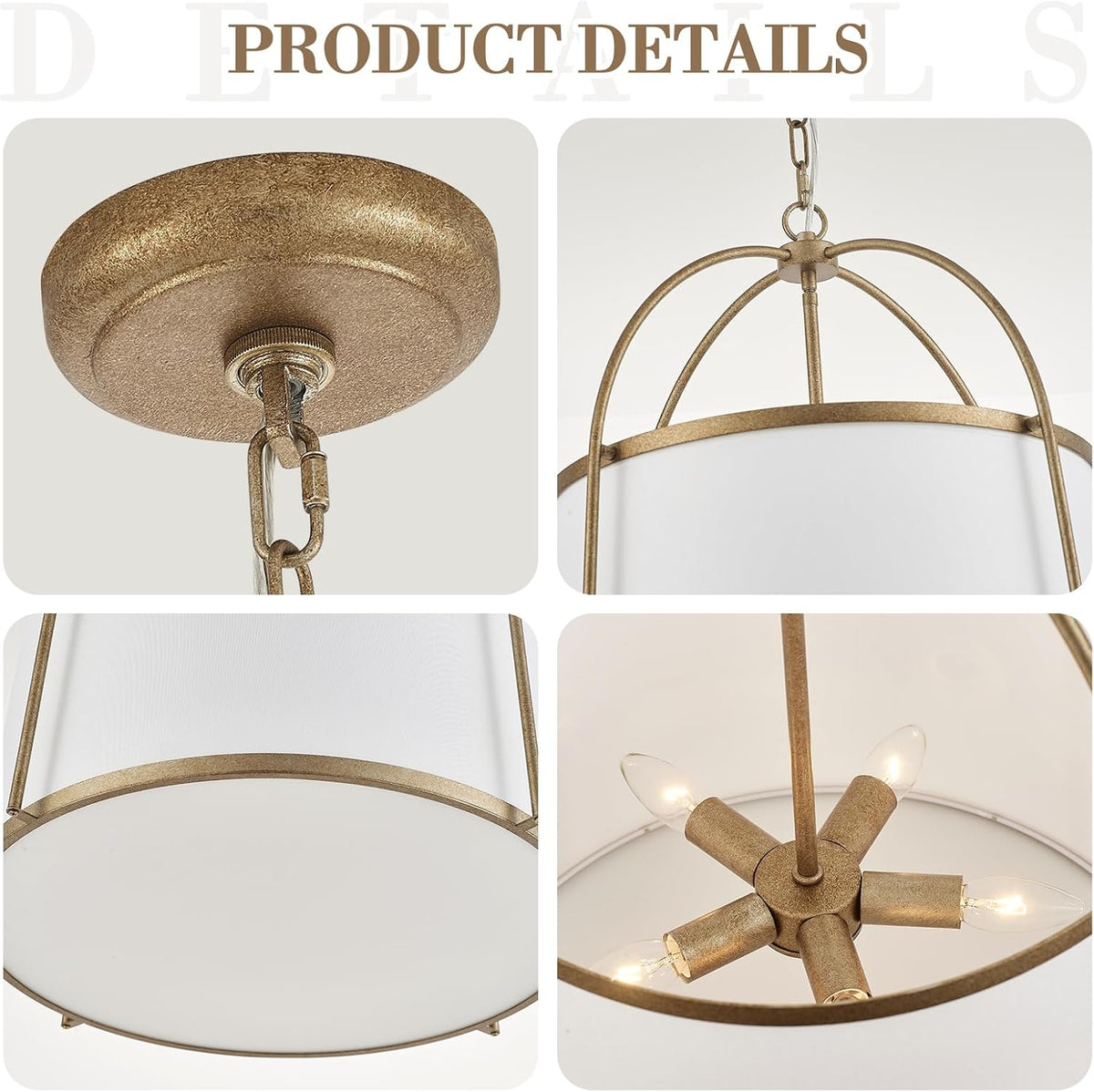 Rustic Modern Chandelier for Entryway, Dining Room Chandelier with Off-White Fabric Shade, Gold Pendant Light Fixture