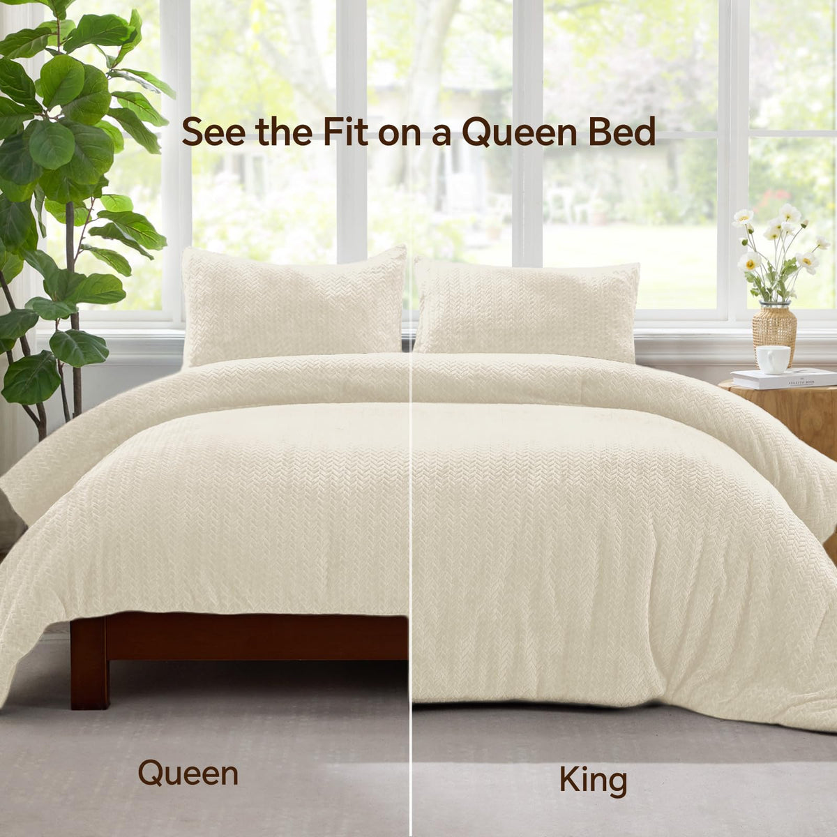 Fleece Comforter Set Beige, Fluffy Flannel Bed Set 3 Pieces