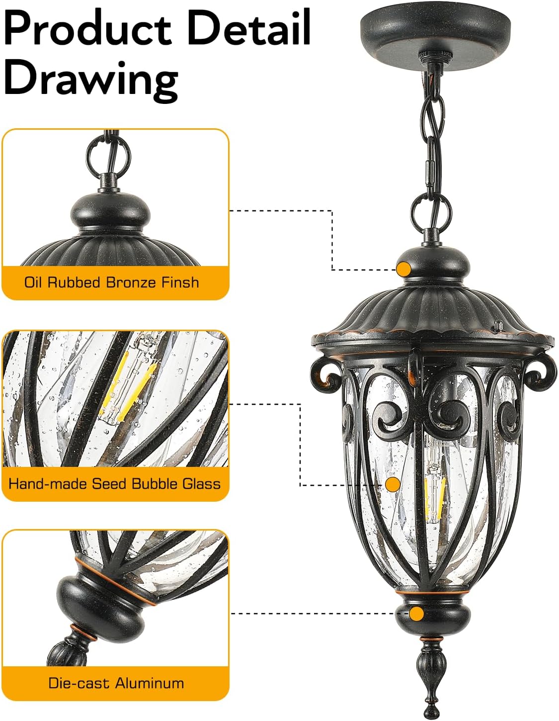 Outdoor Pendant Light Lantern, Farmhouse Outdoor Chandelier, Vintage Outdoor Hanging Lights with Seed Glass