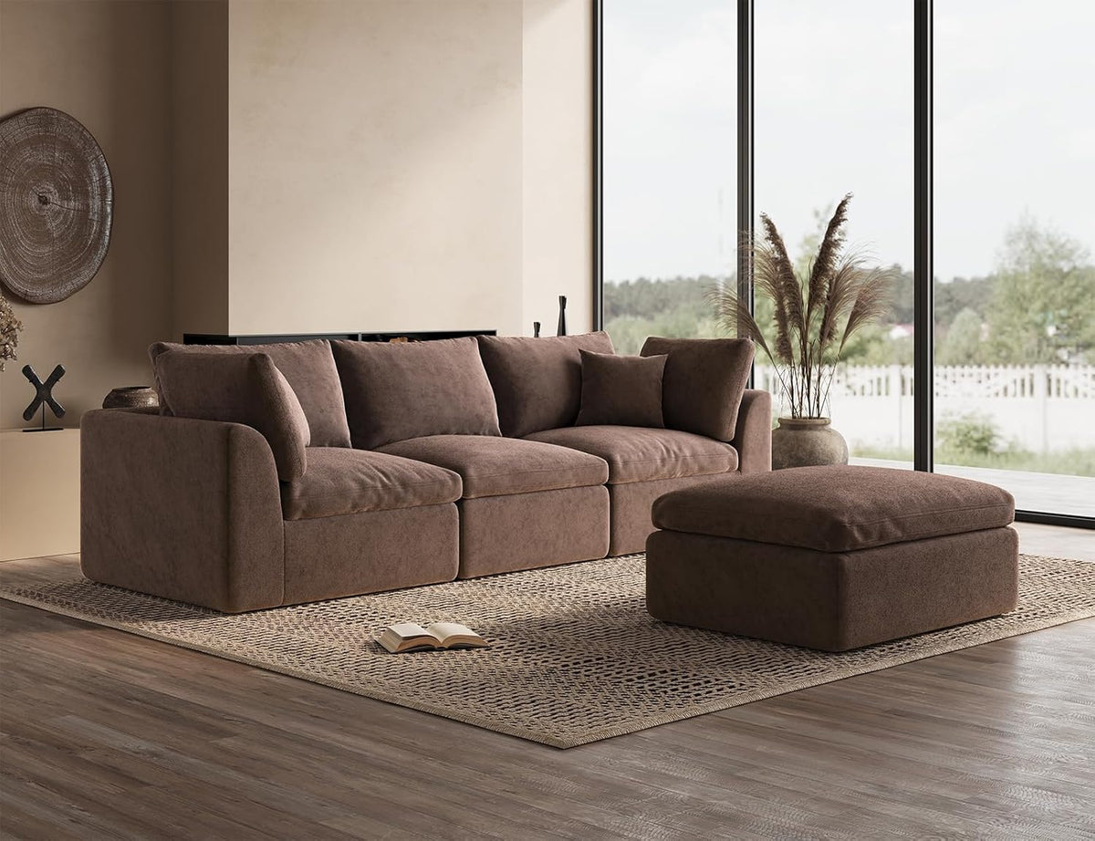 110" Cloud Sectional Couches , Boneless L-Shape Couch with Ottoman, 3 Seater Modular Sectional Sofa, Brown