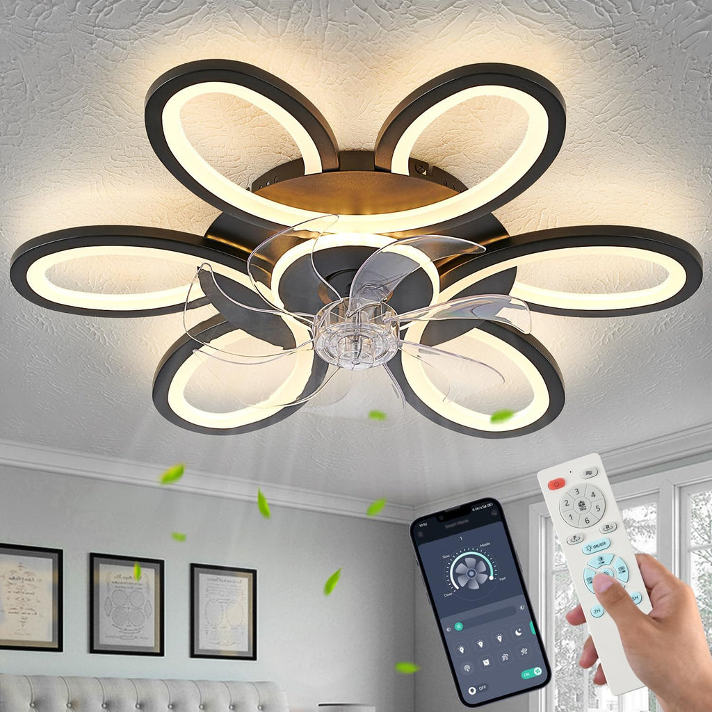 27" Black Flush Mount Ceiling Fan with Light & Remote