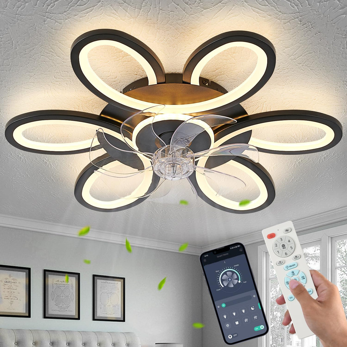 27" Black Flush Mount Ceiling Fan with Light & Remote