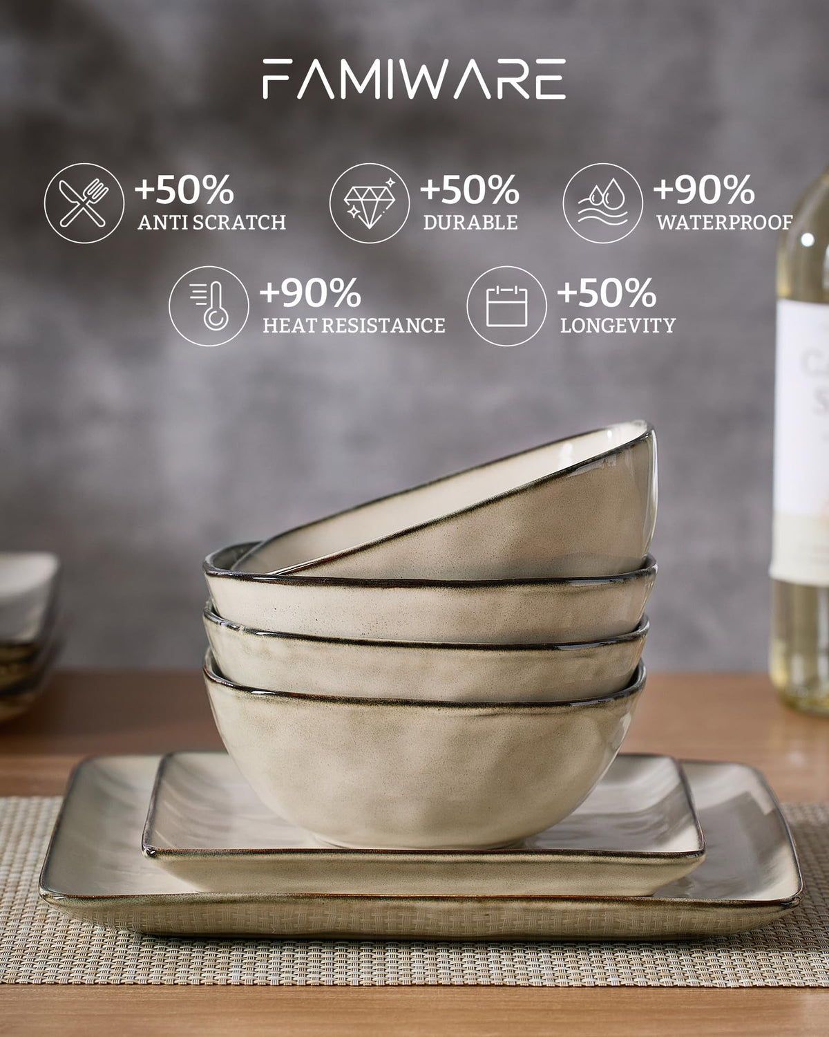 Square Ceramic Dinnerware Set for 4, Plates and Bowls, Light khaki