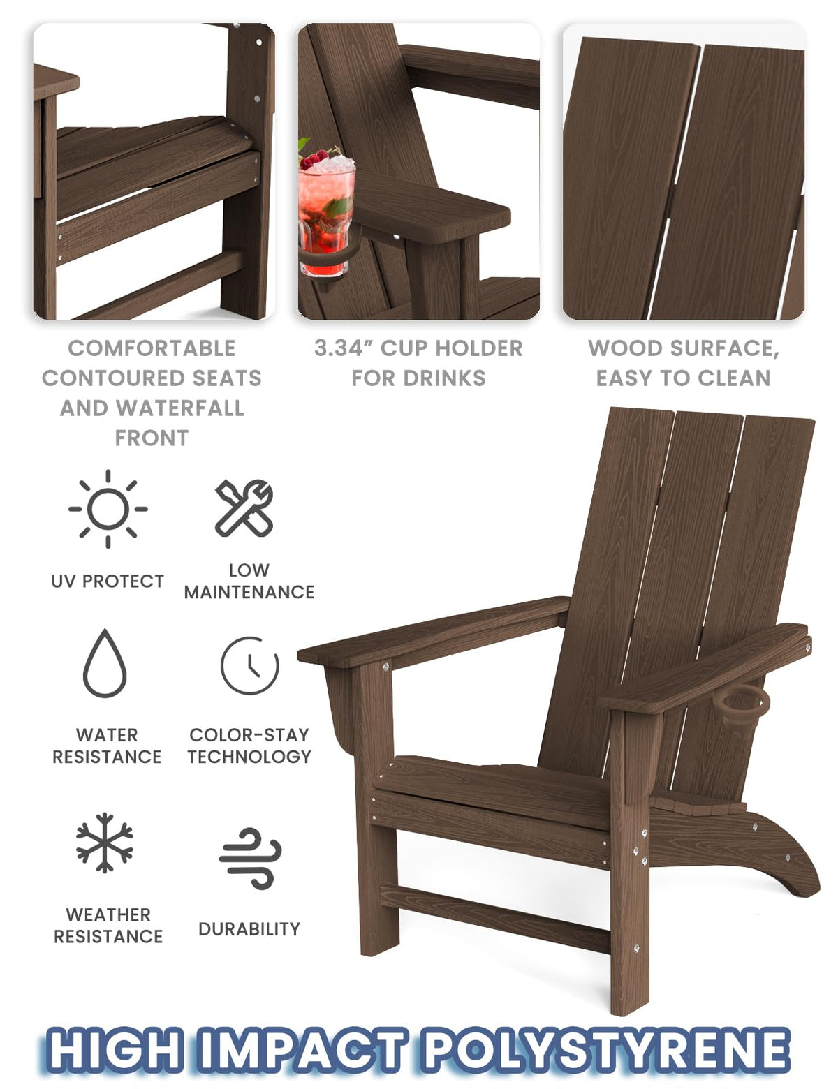 Modern Adirondack Chair with Cup Holder, HDPE Plastic Patio Chairs