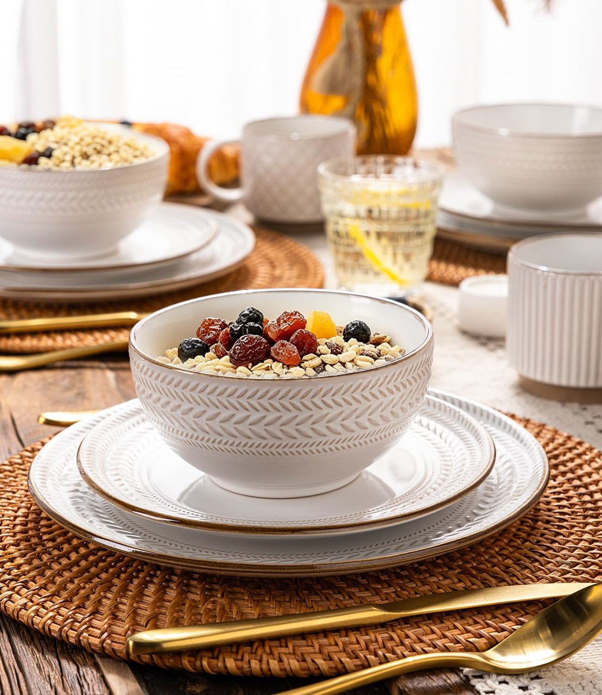 Stoneware Dinnerware Set for 4, 12 Piece Farmhouse Dishes Set