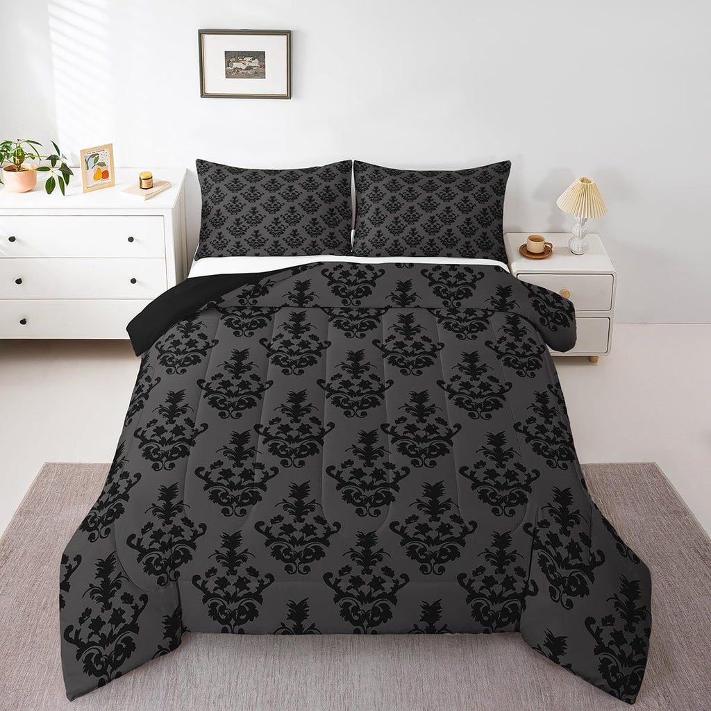 Gothic Bedding - Victorian Damask Twin Bed Set, Black Floral Comforter, Bohemian Goth Decor, Black & Gray
