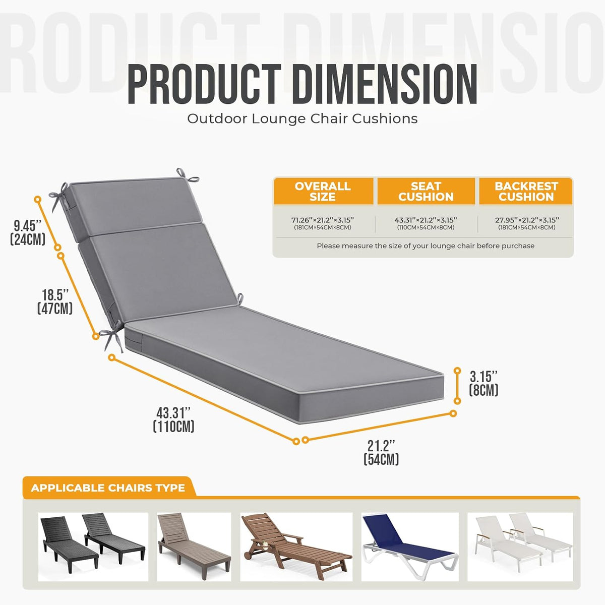 Waterproof Chaise Lounge Cushions, 72x21x3 Inch Outdoor Lounge Chair Cushion High-Density Foam Fade Resistant Patio