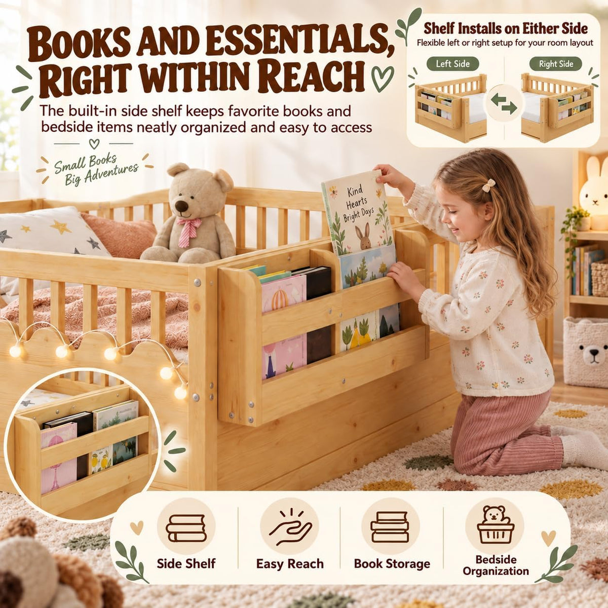 Montessori Floor Bed with High Rails, Floor Bed Frame for Kids, LED Lights & Storage Shelf, Safe & Wider