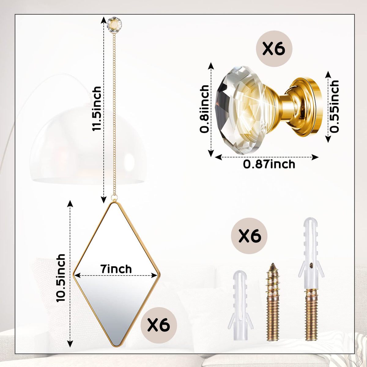 Diamond Wall Mirror Set with Hanging Diamond Handle Chain, Gold
