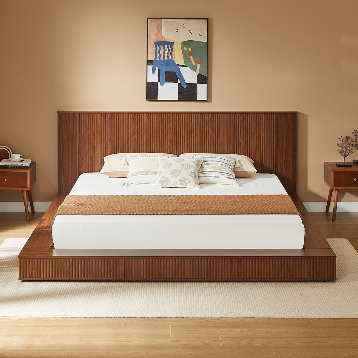 Floor Wooden Bed Frames with Walnut Headboard (Walnut)