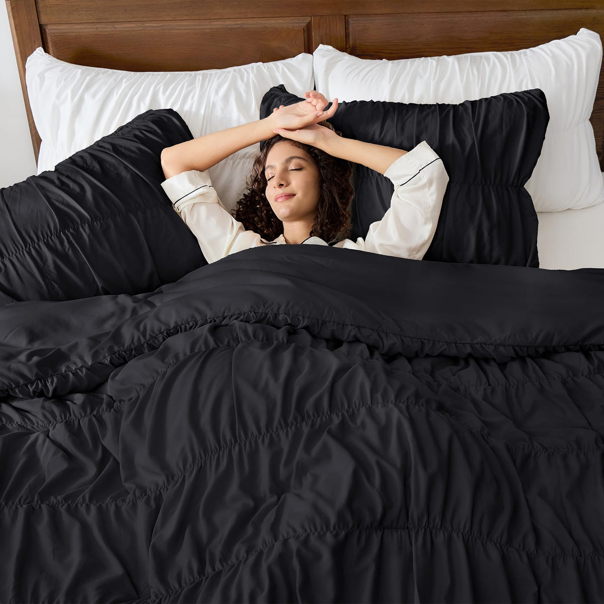 Ruched Black Comforter Set, Boho Ruffle 3 Pieces