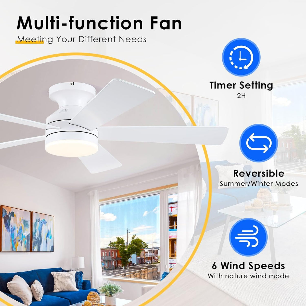 46" White Indoor/Outdoor Flush Mount Ceiling Fan with Light