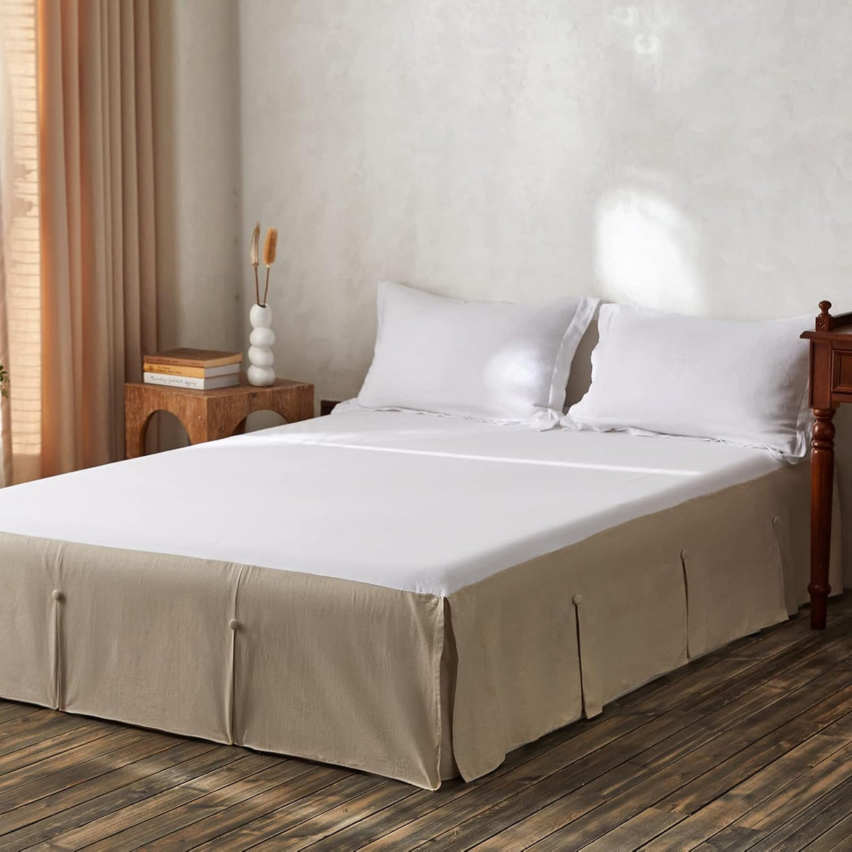 French Linen Bed Skirt Split Corner with Button 18-Inch Tailored Drop Natural Flax Cotton Blend Basic Dust Ruffle
