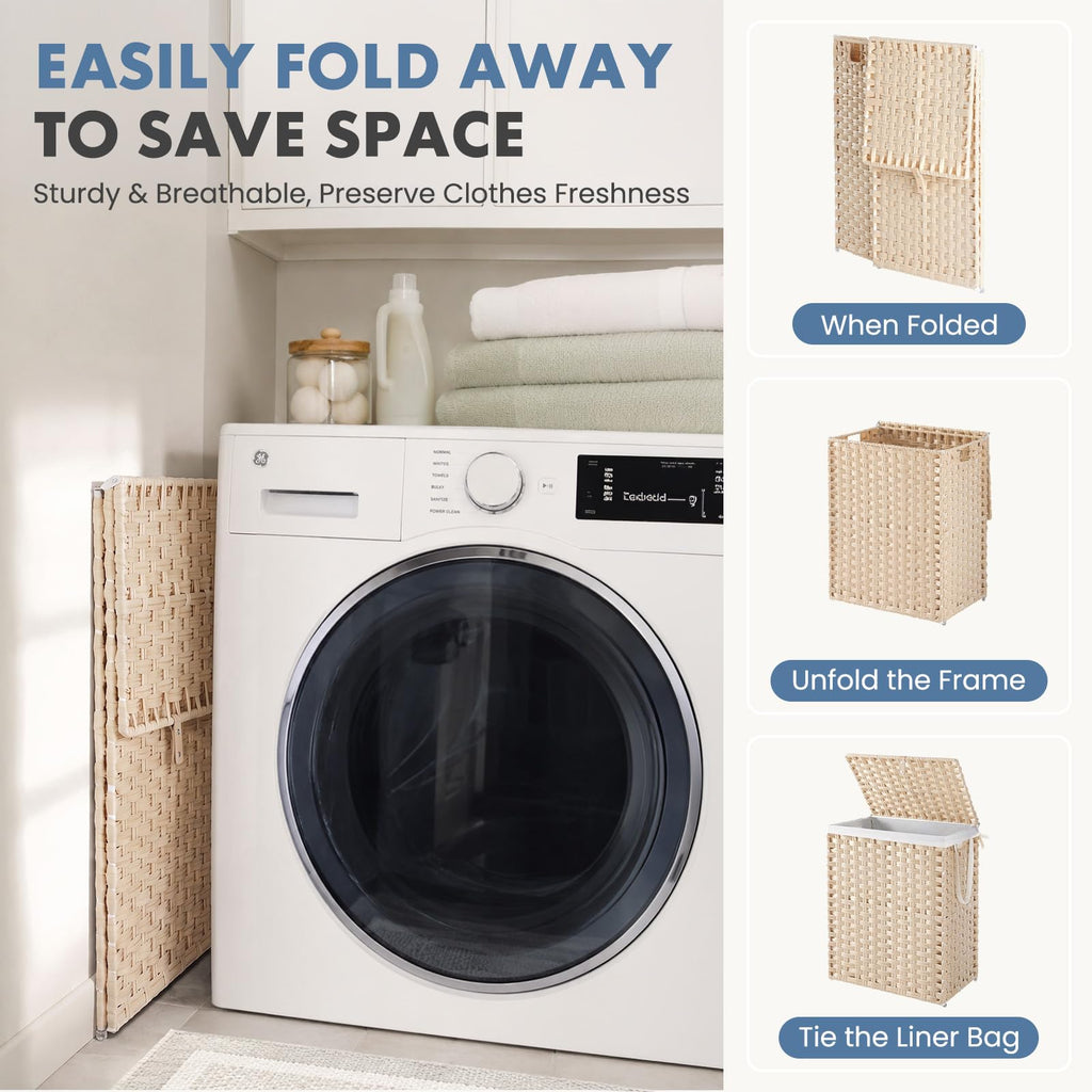 Laundry Basket with Lid, 90L Wicker Laundry Hampers, Summer Sand