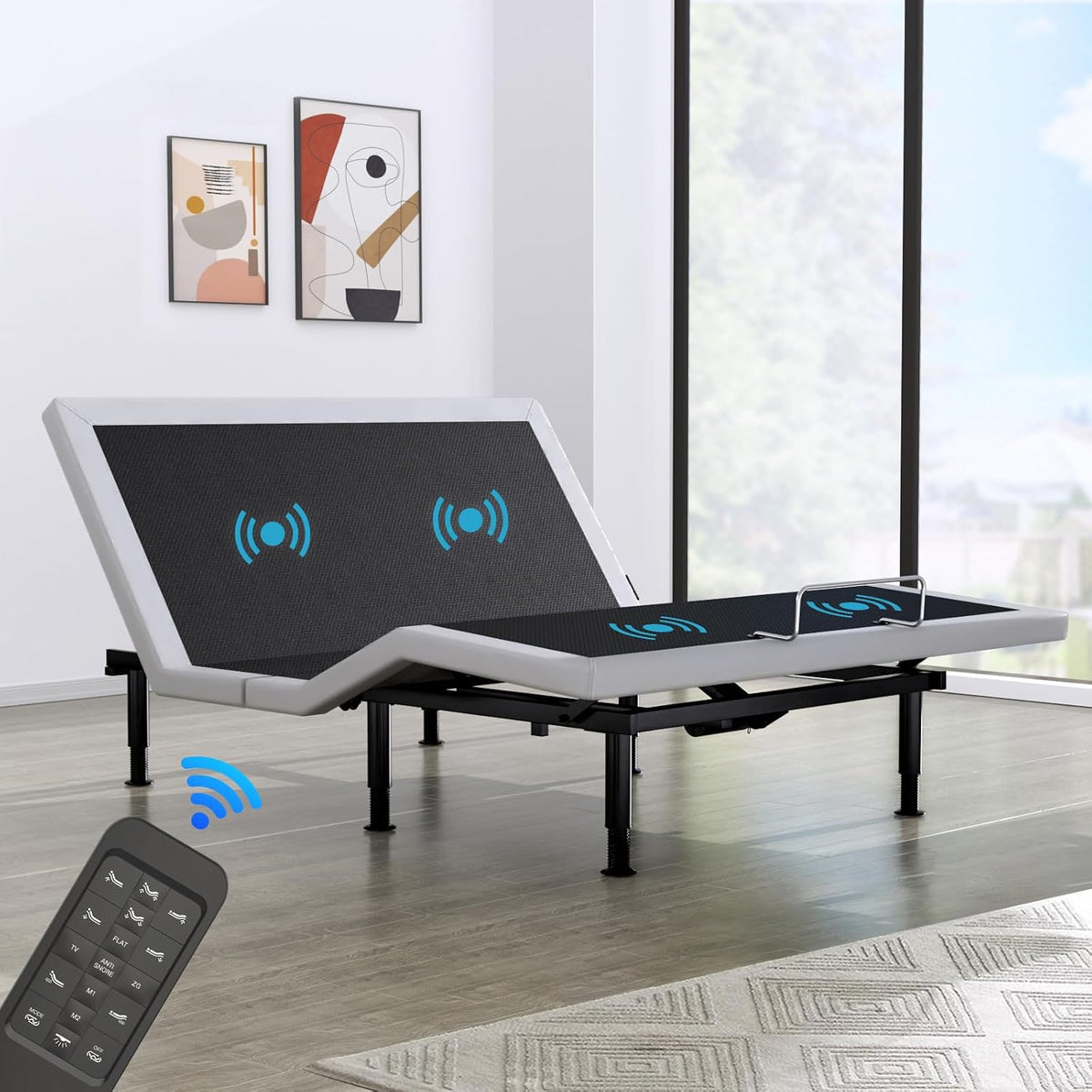 Queen Adjustable Bed Base Frame, Massage & Wireless Remote, Dual USB Ports,Ergonomic Upholstered Bed Frame, Lift