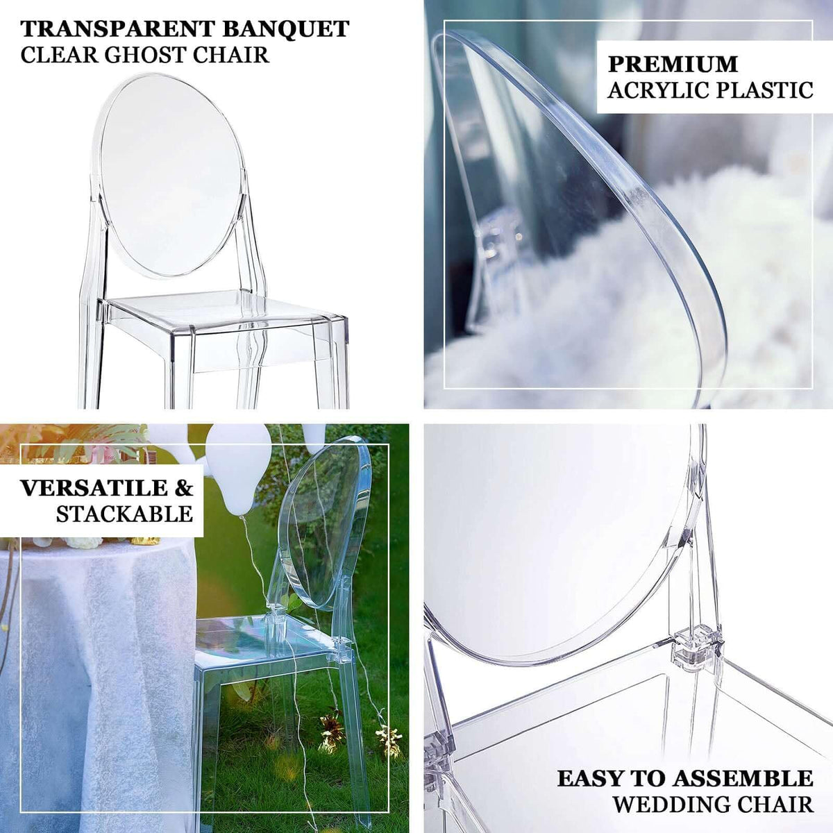 Pack of 12 | Clear Transparent Banquet Ghost Chair Armless Stacking Accent Chair with Oval Back Acrylic, Invisible